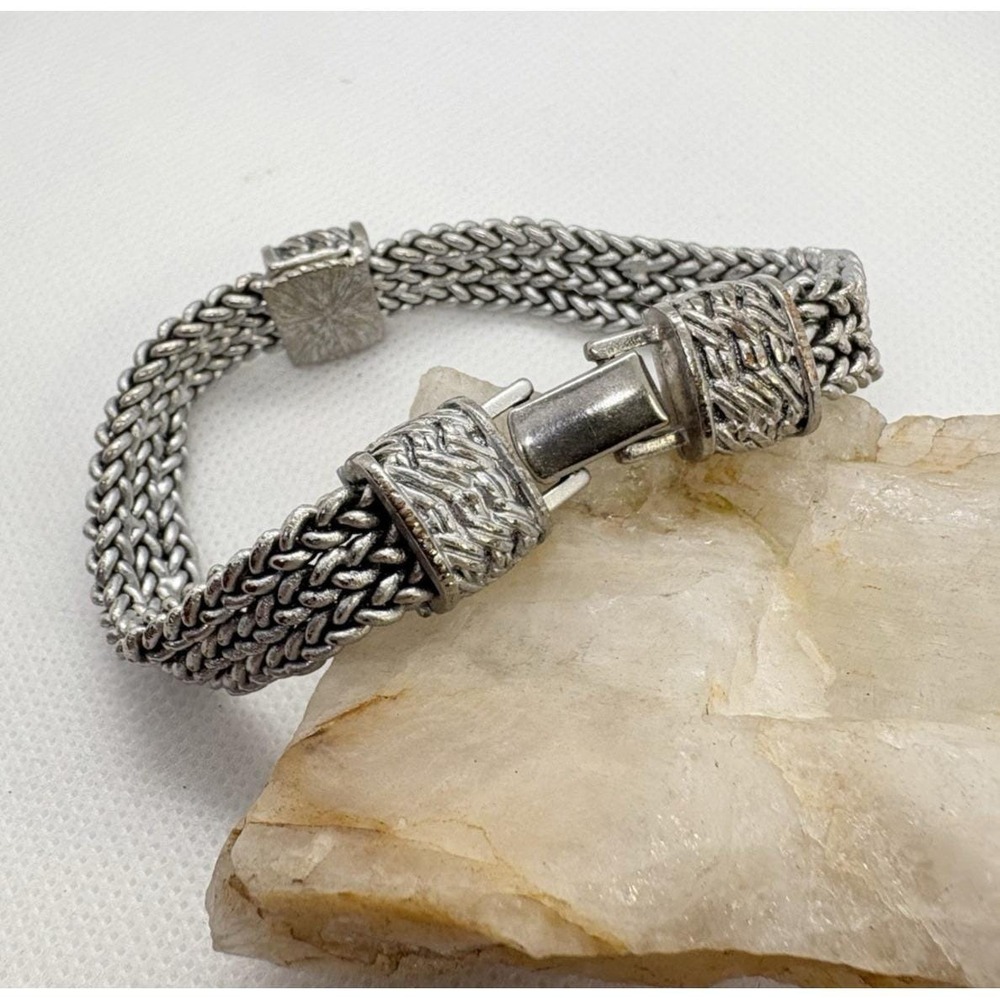 Napier Silver Tone Woven Chain Bracelet 7.25"‎ Fold Over Clasp Vintage Retro